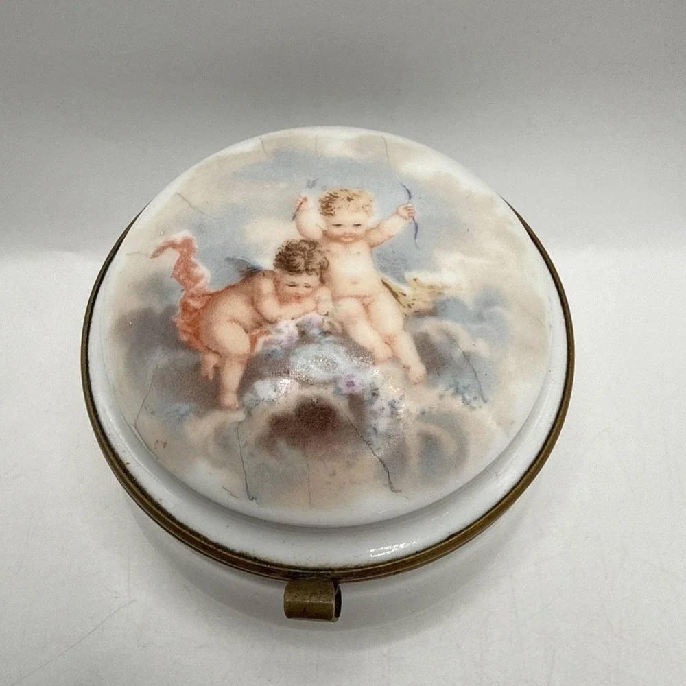 Antique Porcelain Hinged Trinket Box with Cherub Decor Dresser Box
